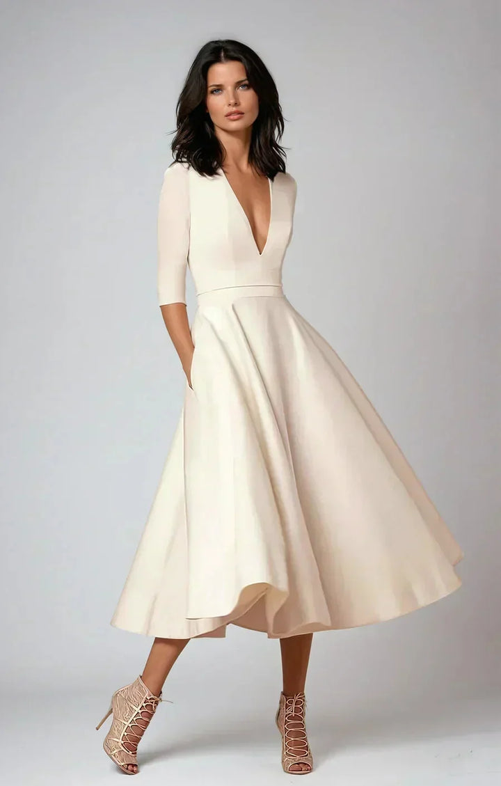 Midi-Kleid mit V-Ausschnitt, 3/4-Ärmeln & Taschen – A-Linie