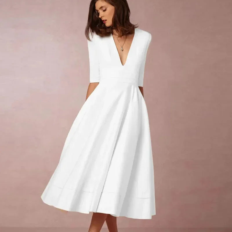 Midi-Kleid mit V-Ausschnitt, 3/4-Ärmeln & Taschen – A-Linie