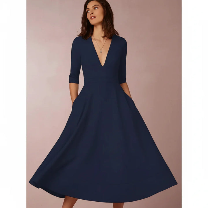 Midi-Kleid mit V-Ausschnitt, 3/4-Ärmeln & Taschen – A-Linie