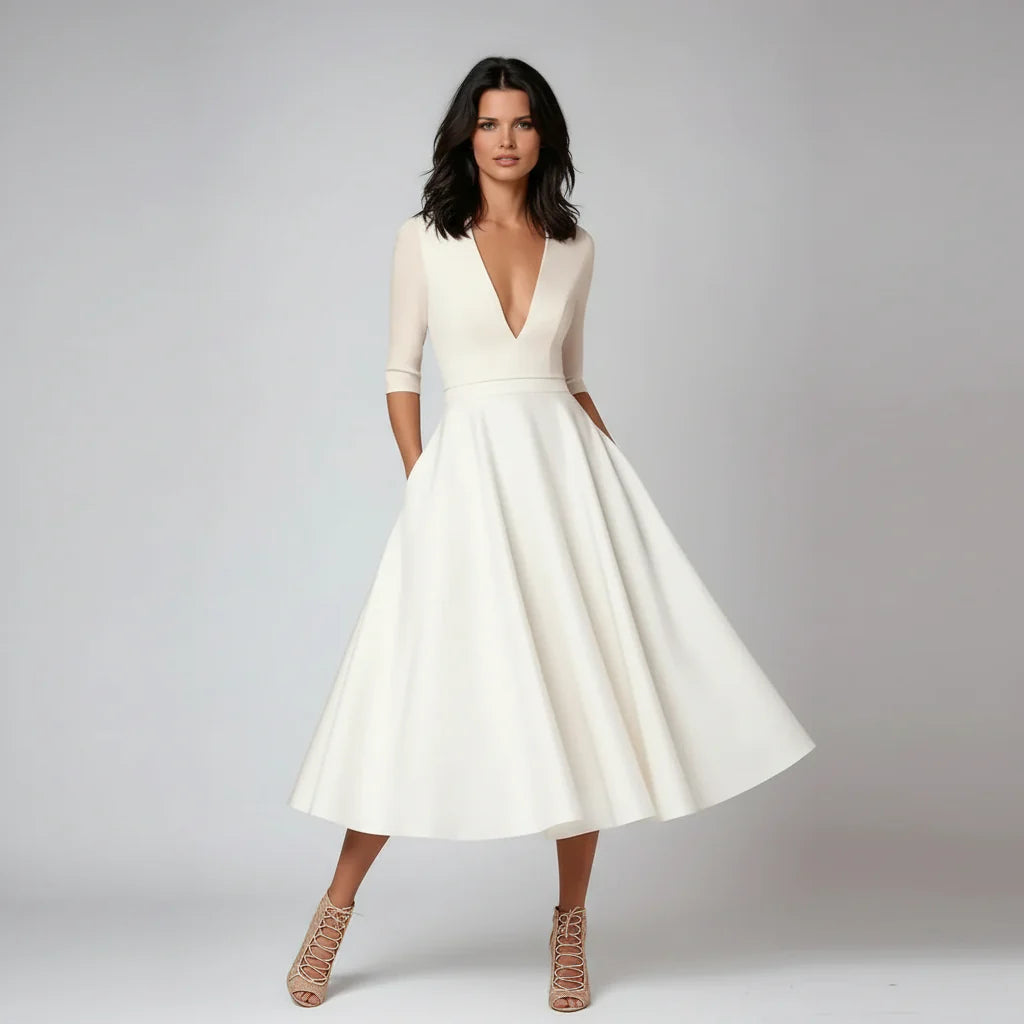 Midi-Kleid mit V-Ausschnitt, 3/4-Ärmeln & Taschen – A-Linie