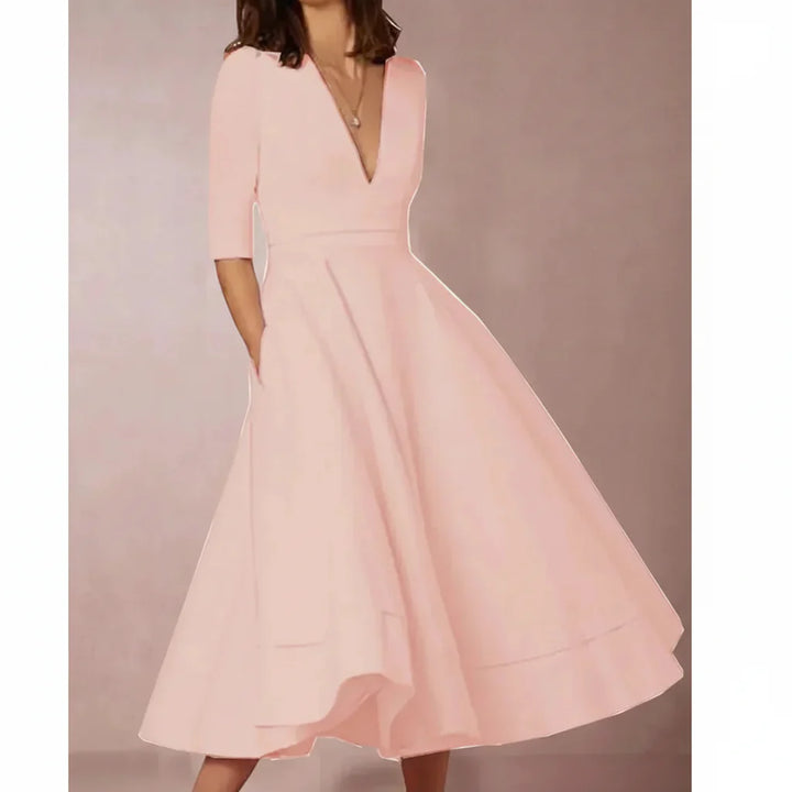 Midi-Kleid mit V-Ausschnitt, 3/4-Ärmeln & Taschen – A-Linie