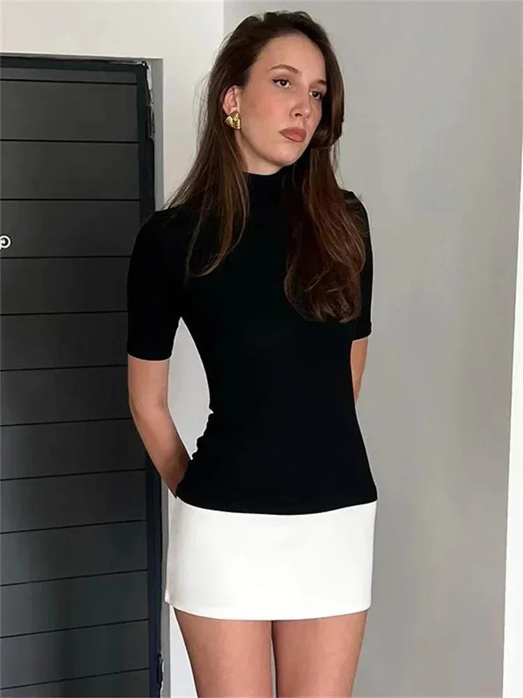 Zweifarbiges Sommerkleid Damen Rollkragen Kurzarm