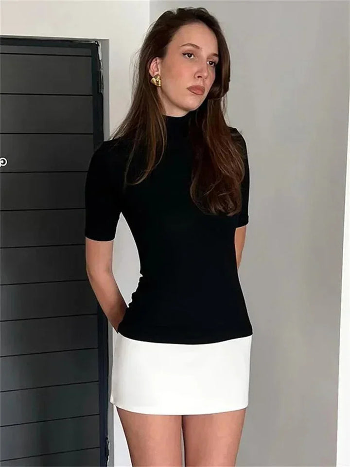Zweifarbiges Sommerkleid Damen Rollkragen Kurzarm