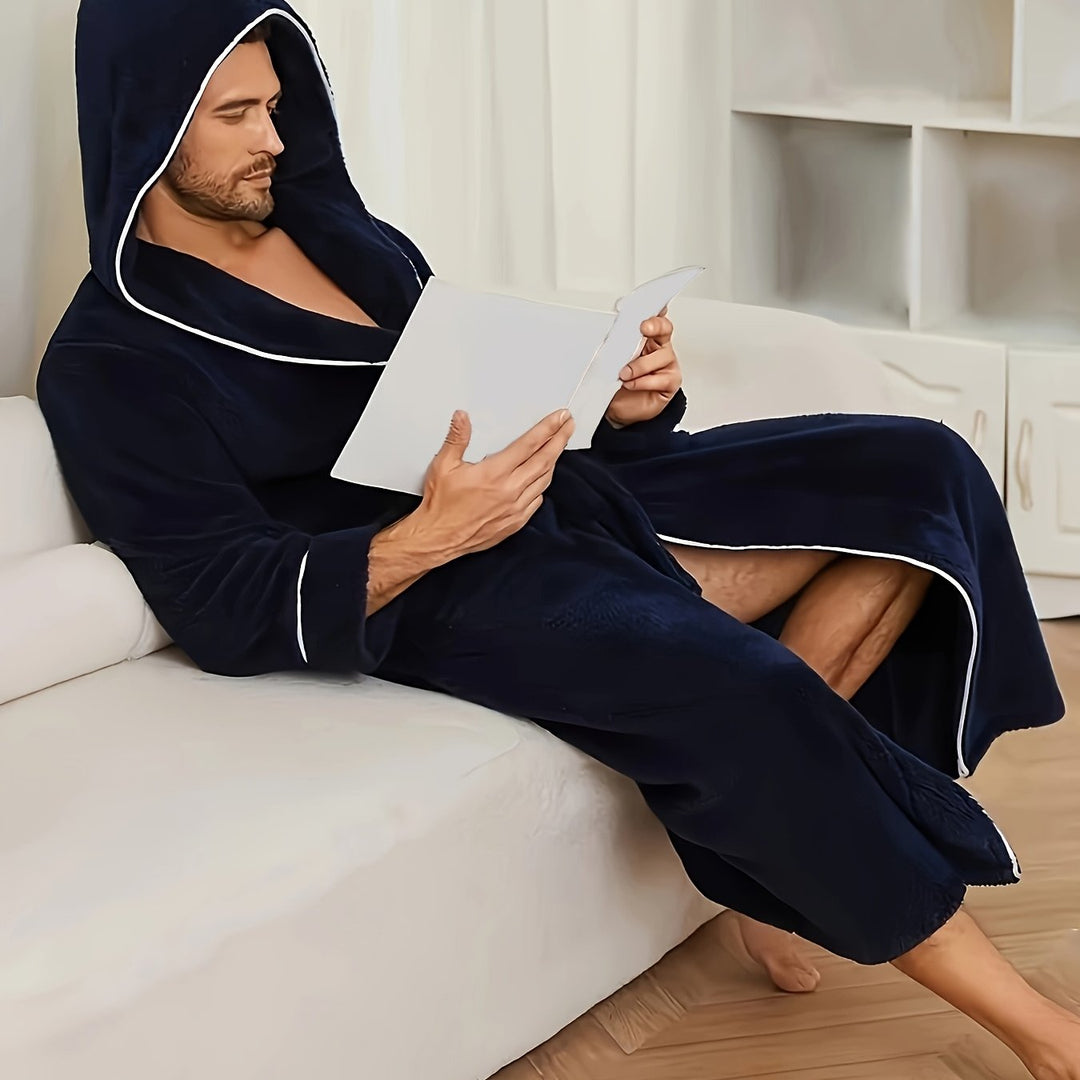 Herren Bademantel mit Kapuze und Bindegürtel