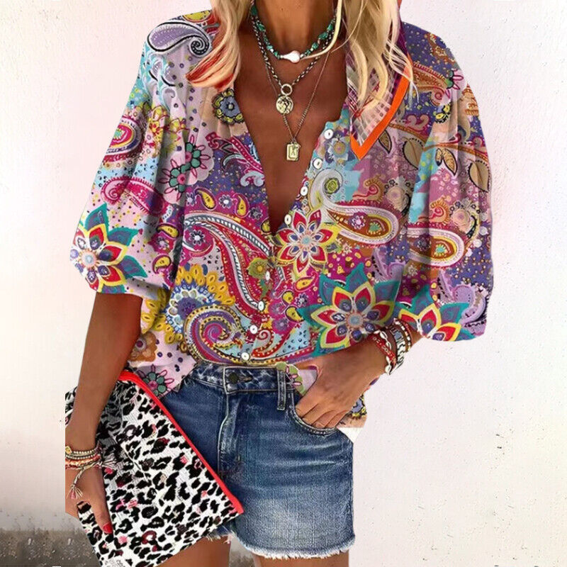 Damen Sommerbluse mit Print, Knöpfen und ¾-Arm