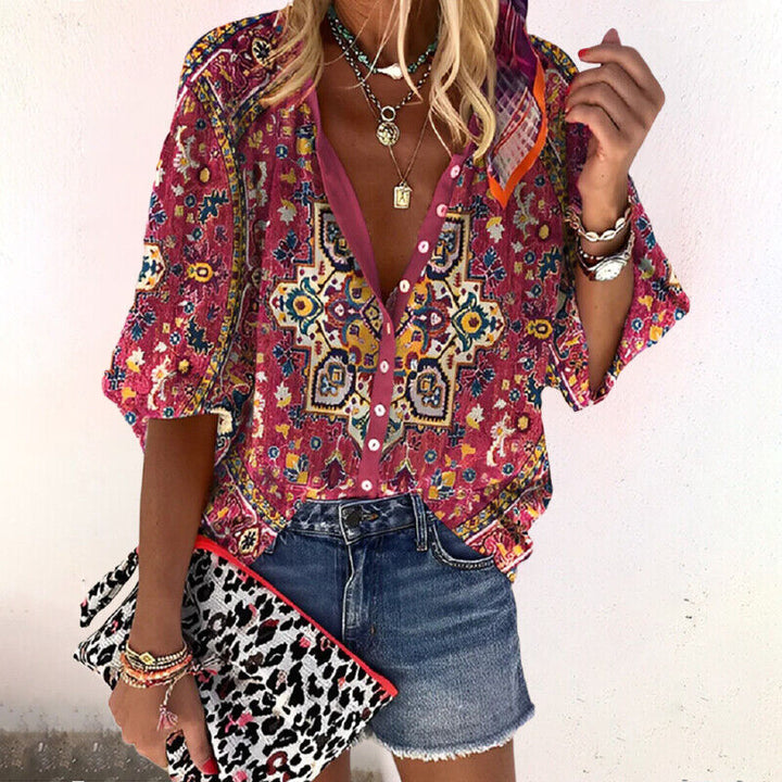 Damen Sommerbluse mit Print, Knöpfen und ¾-Arm