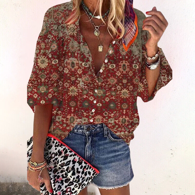 Damen Sommerbluse mit Print, Knöpfen und ¾-Arm