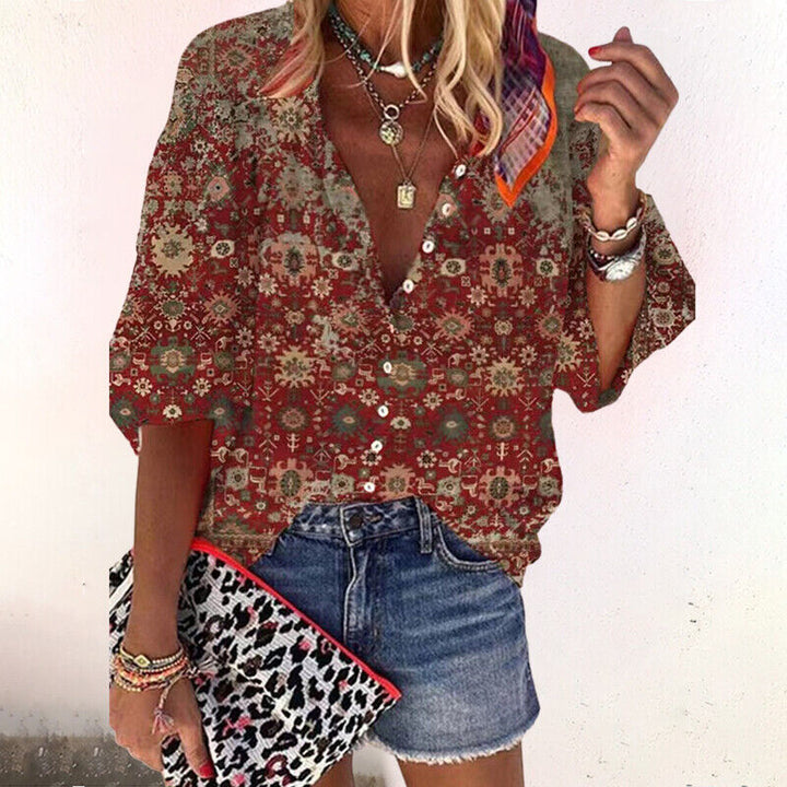 Damen Sommerbluse mit Print, Knöpfen und ¾-Arm