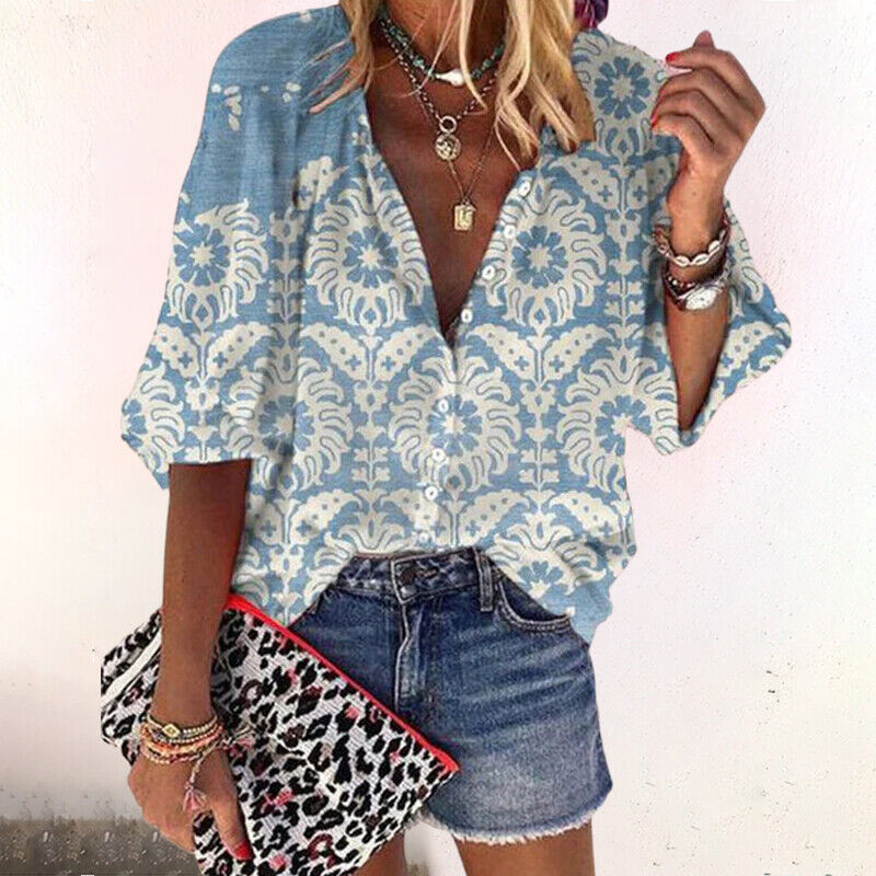 Damen Sommerbluse mit Print, Knöpfen und ¾-Arm