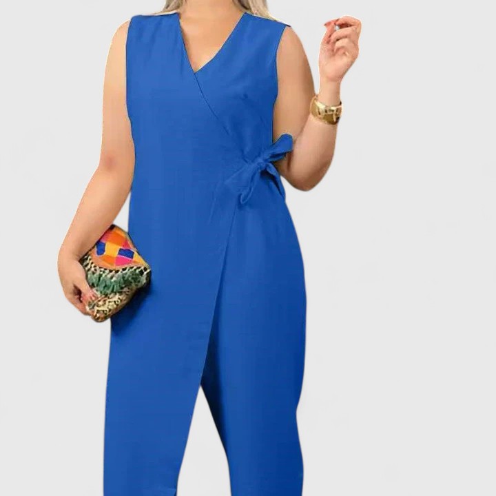 Emma | Damen Ärmelloser Jumpsuit mit Wickeloptik und Taillengürtel