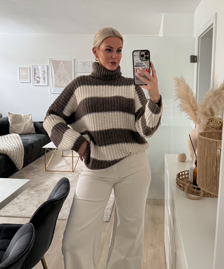 Rollkragen Pullover Tanny Streifen Braun Beige Ladypolitan ♡
