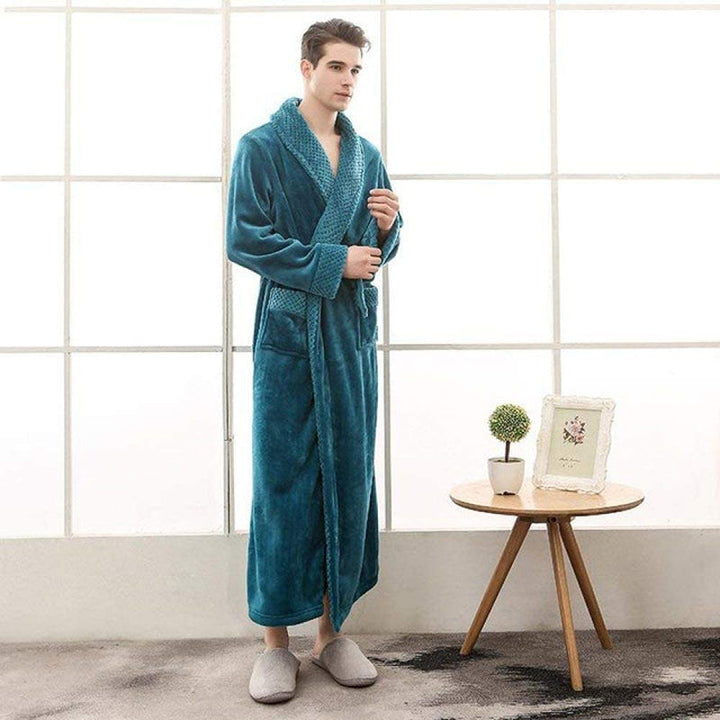 Unisex Bademantel lang mit Gürtel, Schalkragen und aufgesetzten Taschen-unisex-Alpenkind
