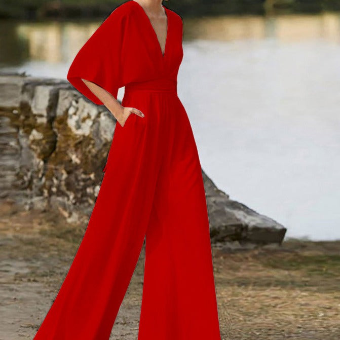Damen-Jumpsuit mit V-Ausschnitt aus Baumwollmischung