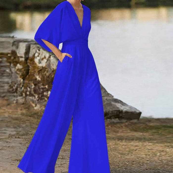 Damen-Jumpsuit mit V-Ausschnitt aus Baumwollmischung
