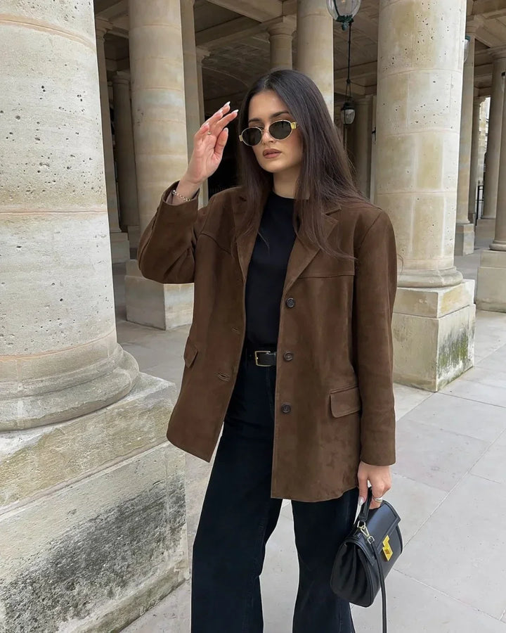 Braune Wildleder-Blazerjacke für Damen mit Taschen