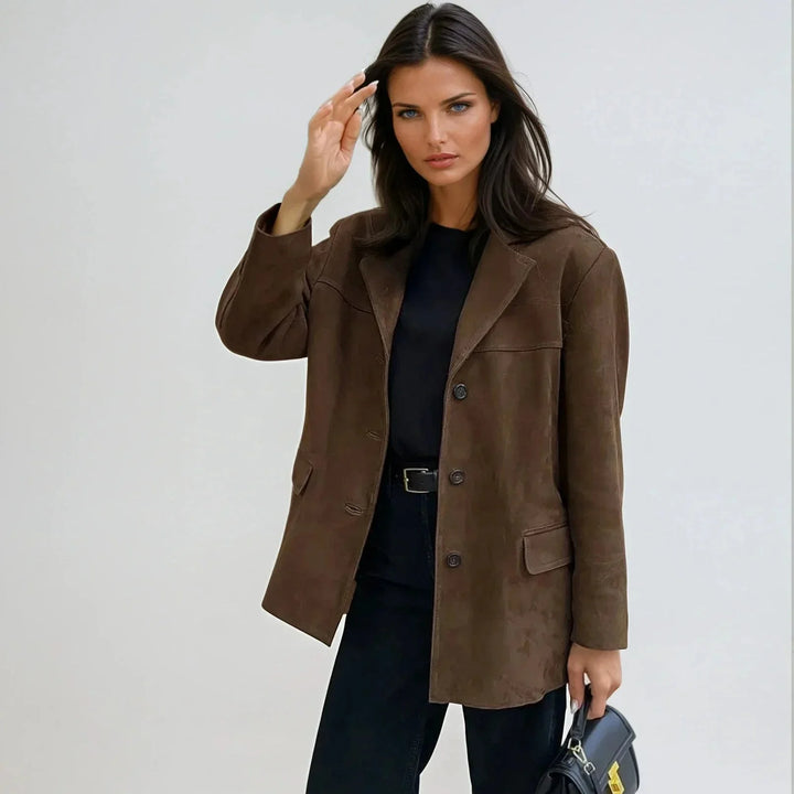 Braune Wildleder-Blazerjacke für Damen mit Taschen