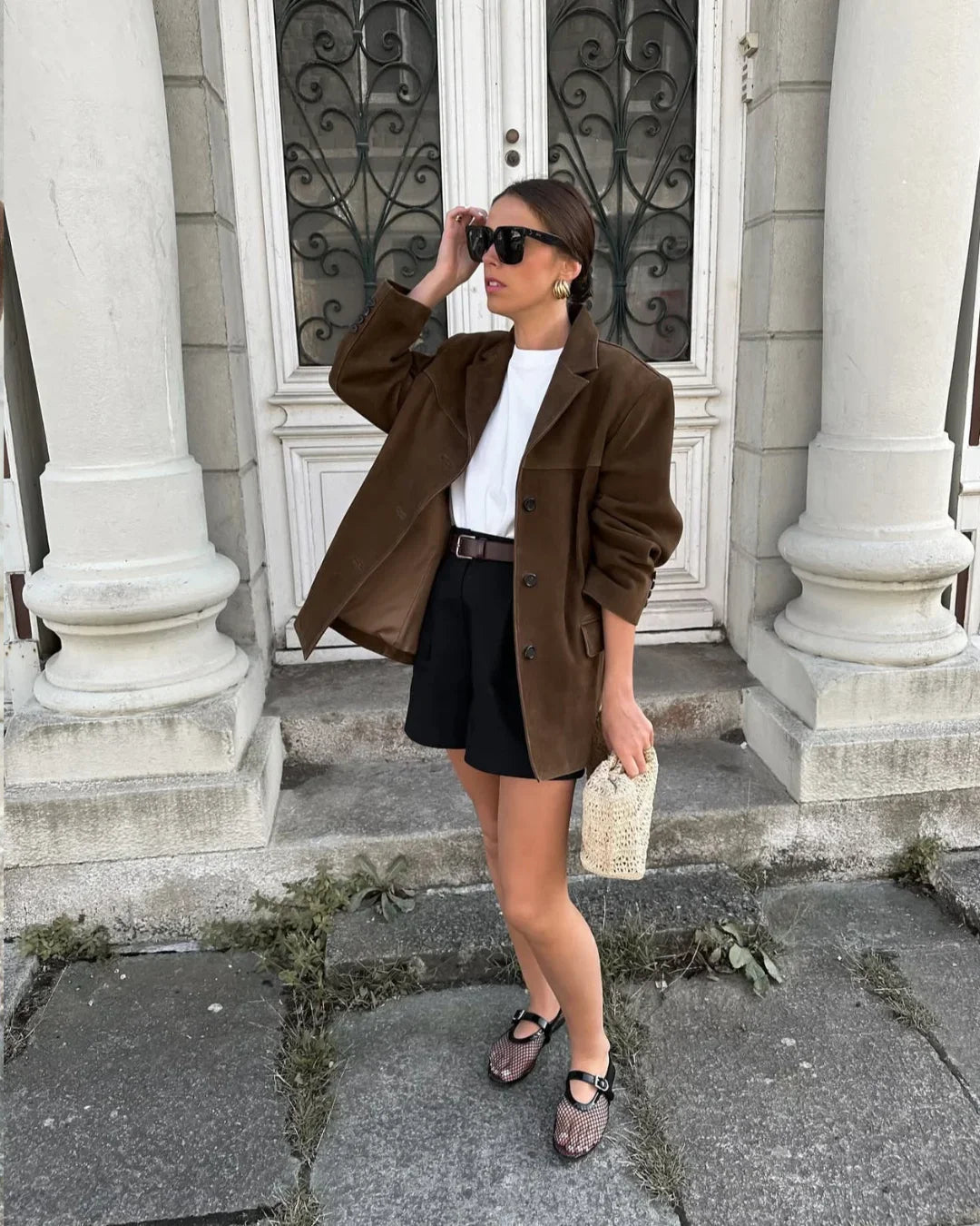 Braune Wildleder-Blazerjacke für Damen mit Taschen