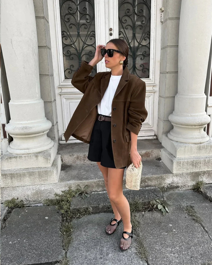 Braune Wildleder-Blazerjacke für Damen mit Taschen