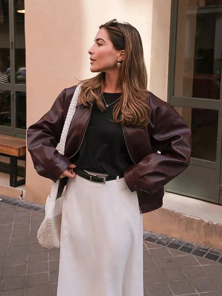 Braune Vintage-Jacke aus Kunstleder für Damen