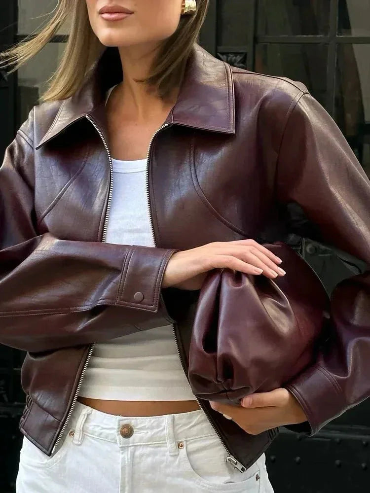 Braune Vintage-Jacke aus Kunstleder für Damen