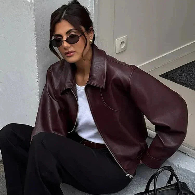 Braune Vintage-Jacke aus Kunstleder für Damen