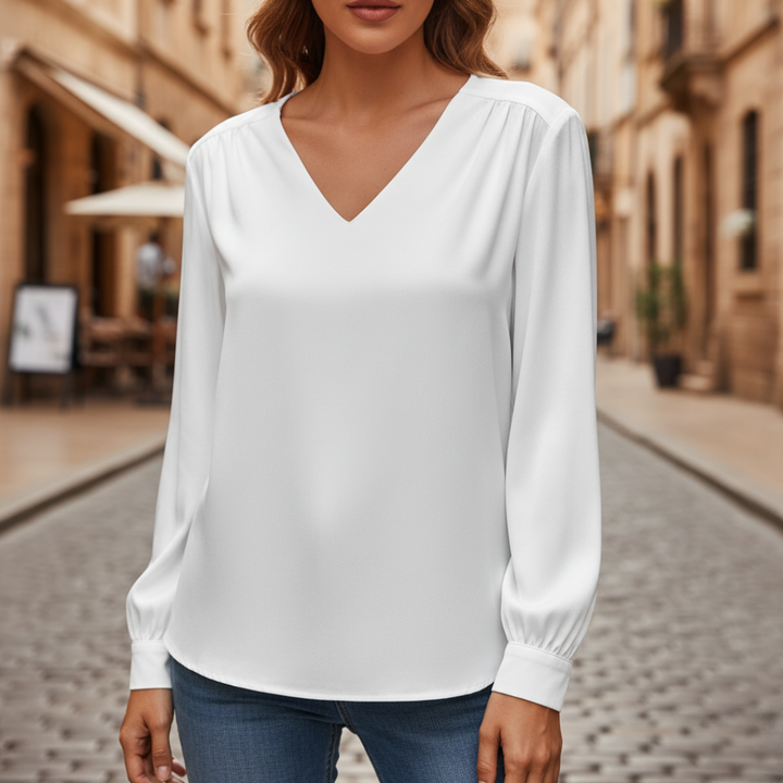 Damen Satinbluse mit V-Ausschnitt und Langarm