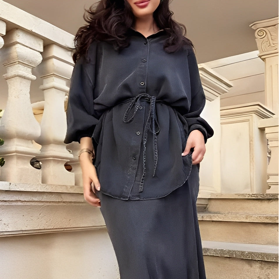 Damen-Zweiteiler: Bluse und Rock mit Bindeband