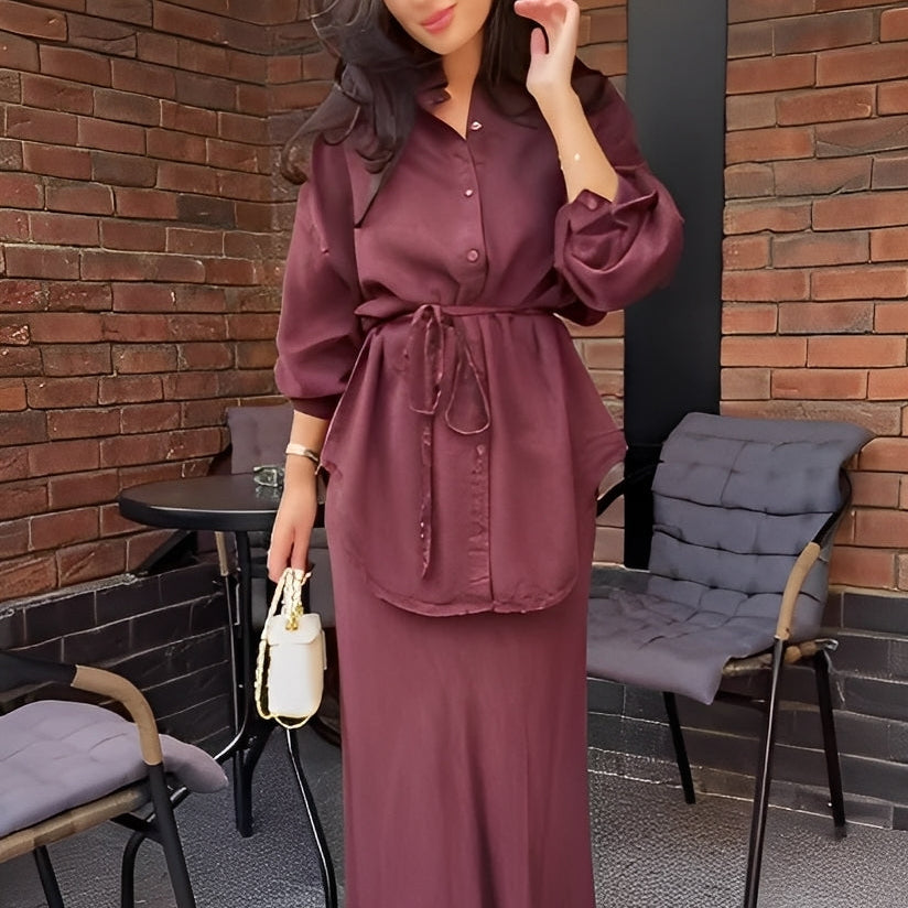 Damen-Zweiteiler: Bluse und Rock mit Bindeband