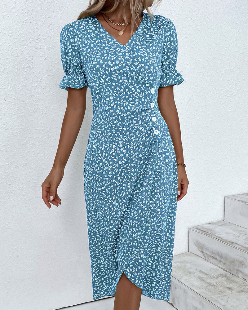 Birgit | Damen Blumenmuster Wickel V-Ausschnitt Midikleid