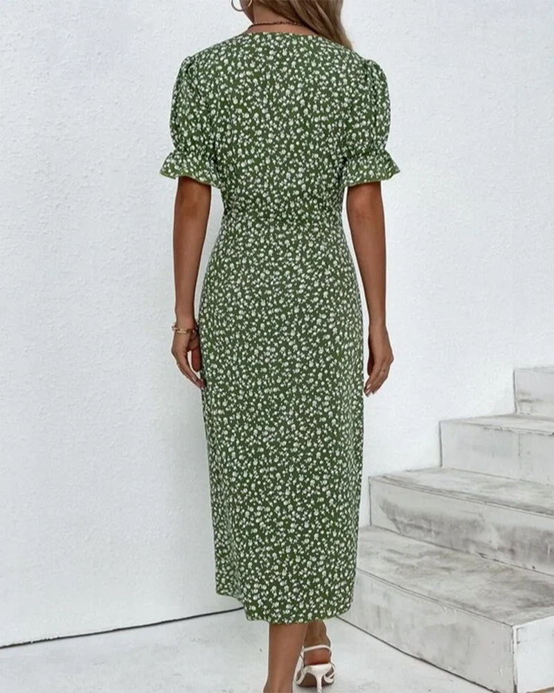 Birgit | Damen Blumenmuster Wickel V-Ausschnitt Midikleid