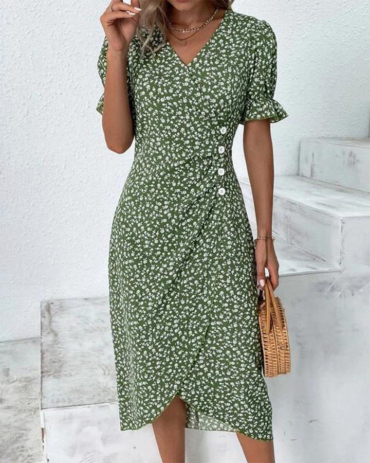 Birgit | Damen Blumenmuster Wickel V-Ausschnitt Midikleid
