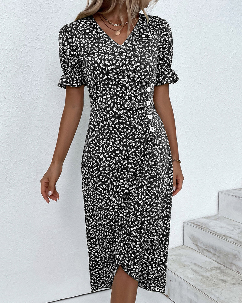 Birgit | Damen Blumenmuster Wickel V-Ausschnitt Midikleid