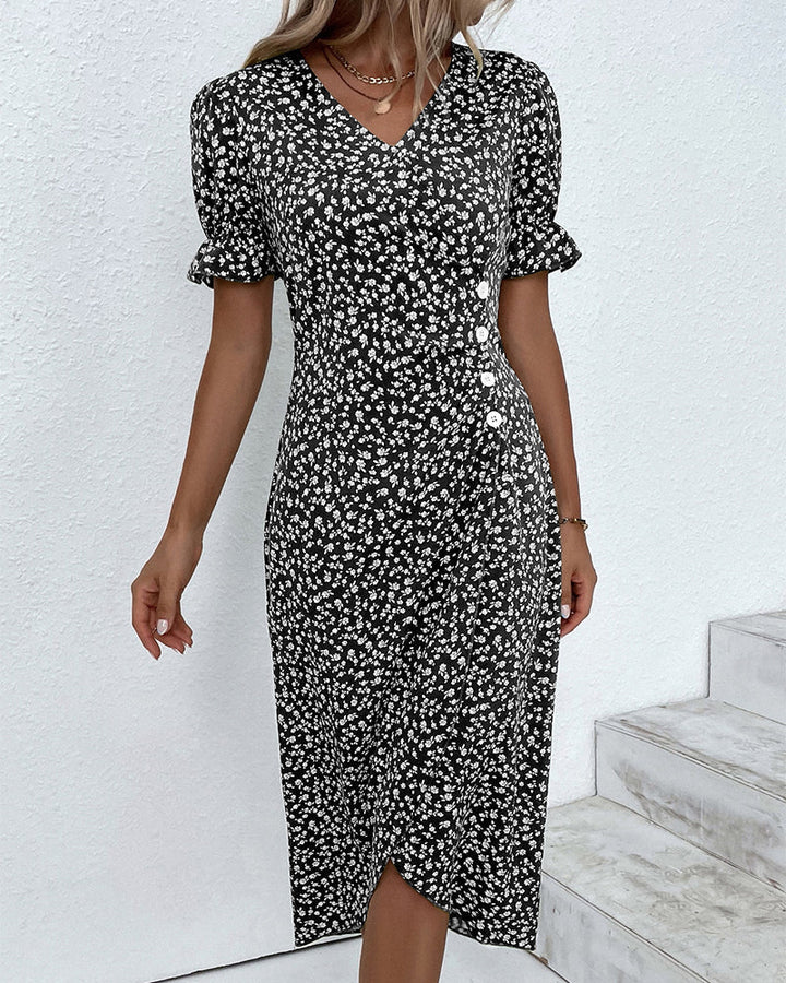 Birgit | Damen Blumenmuster Wickel V-Ausschnitt Midikleid