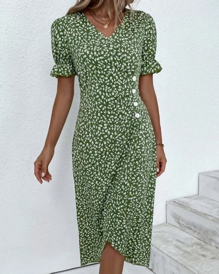 Birgit | Damen Blumenmuster Wickel V-Ausschnitt Midikleid