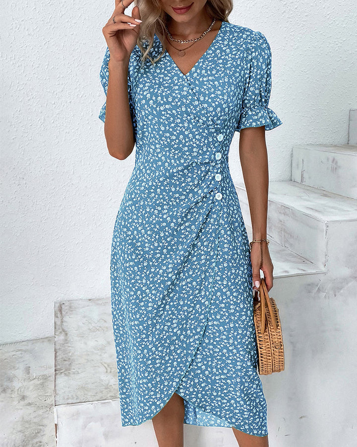 Birgit | Damen Blumenmuster Wickel V-Ausschnitt Midikleid