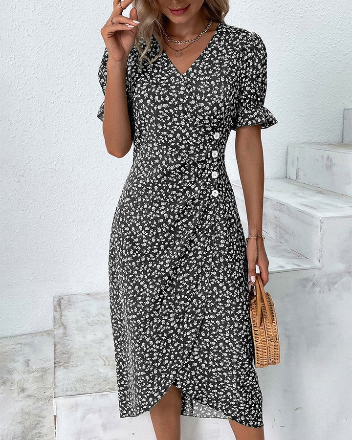 Birgit | Damen Blumenmuster Wickel V-Ausschnitt Midikleid
