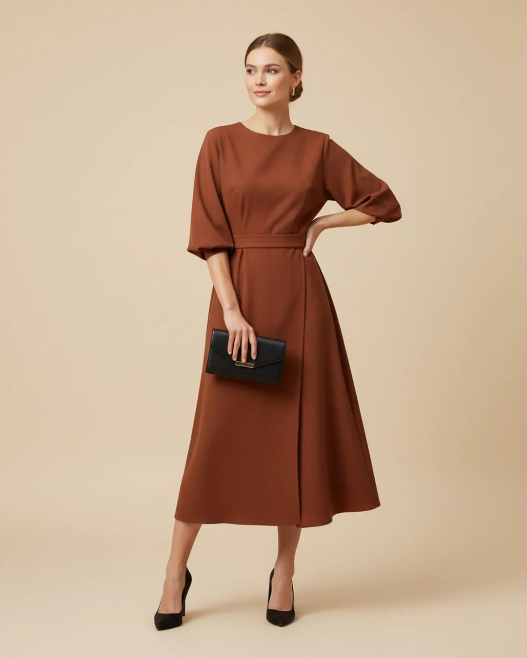 Isabella – Women's Elegant Belted Dress with Lantern Sleeves - Image 18