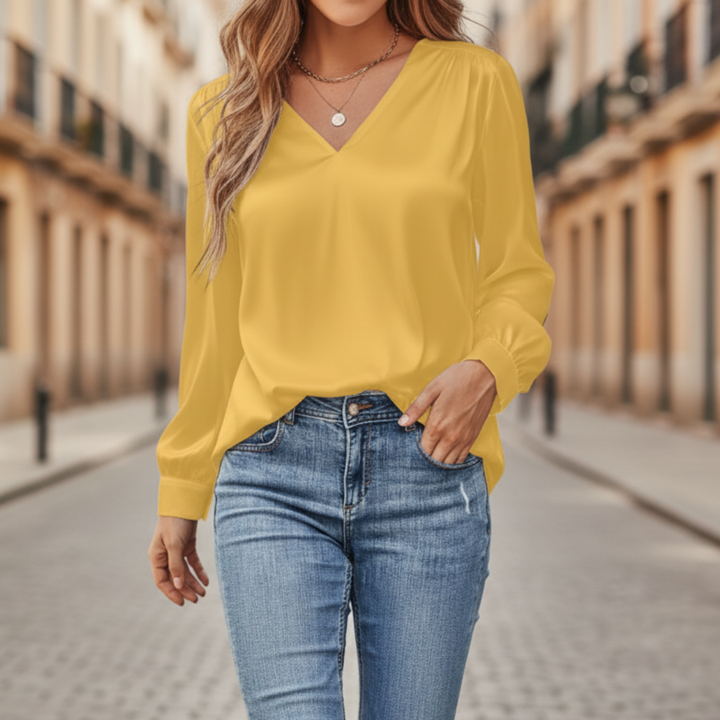 Damen Satinbluse mit V-Ausschnitt und Langarm