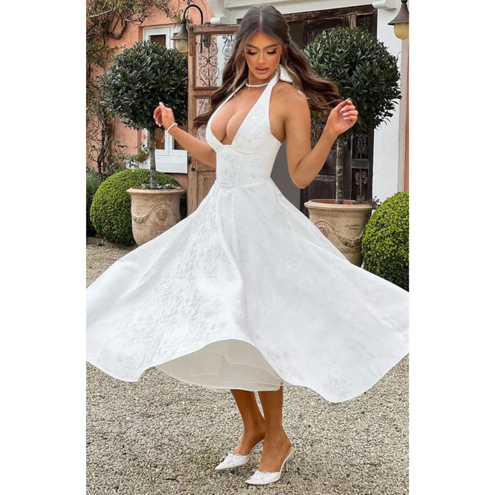 Yara | Damen Midi Kleid Für Hochzeitsgast Neckholder Stil