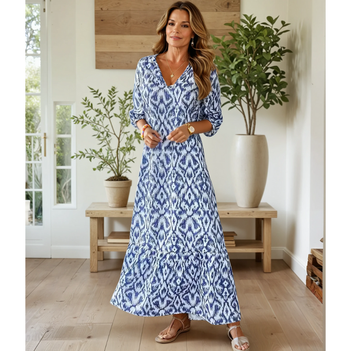 Maxikleid Damen V-Ausschnitt Muster 3/4-Arm